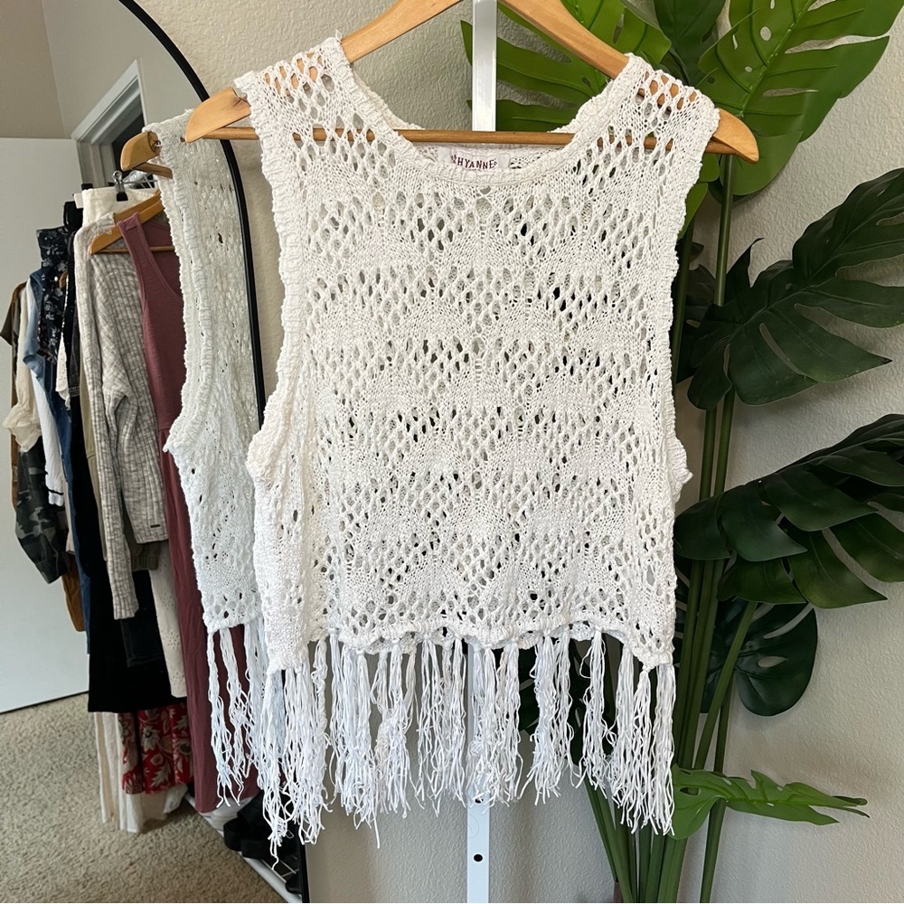 🤍 White Shyanne Crochet Fringe Sleeveless Top Sz XL | Western Boho Cotton Blend